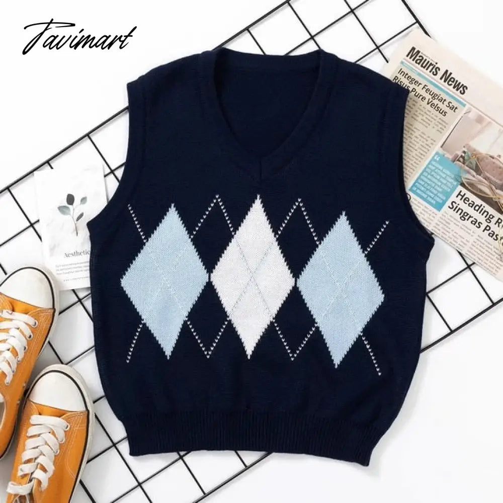 Knitted Vest Vangull Argyle Fashion Women Casual Korean Pullover Elasticity Sweater Spring Autumn Sleeveless V-Neck Tank Tops