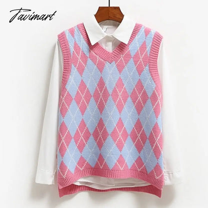 Knitted Vest Vangull Argyle Fashion Women Casual Korean Pullover Elasticity Sweater Spring Autumn Sleeveless V-Neck Tank Tops