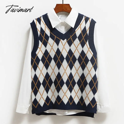 Knitted Vest Vangull Argyle Fashion Women Casual Korean Pullover Elasticity Sweater Spring Autumn Sleeveless V-Neck Tank Tops
