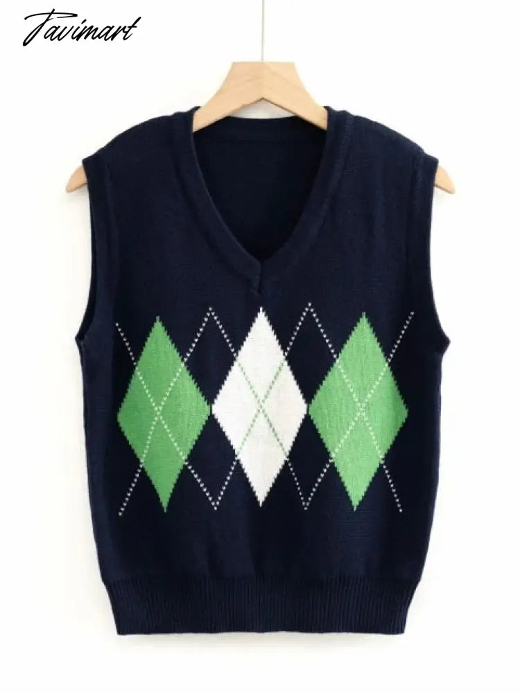 Knitted Vest Vangull Argyle Fashion Women Casual Korean Pullover Elasticity Sweater Spring Autumn Sleeveless V-Neck Tank Tops