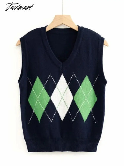 Knitted Vest Vangull Argyle Fashion Women Casual Korean Pullover Elasticity Sweater Spring Autumn Sleeveless V-Neck Tank Tops