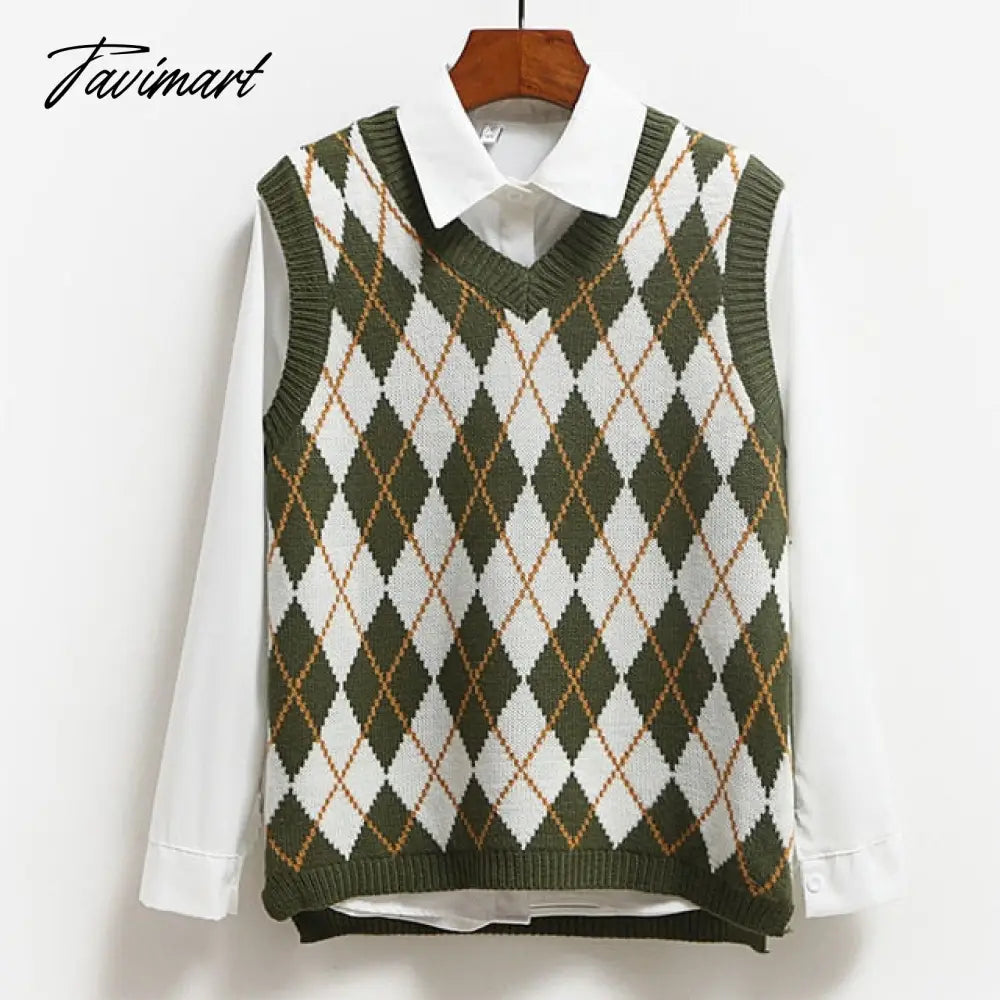 Knitted Vest Vangull Argyle Fashion Women Casual Korean Pullover Elasticity Sweater Spring Autumn Sleeveless V-Neck Tank Tops