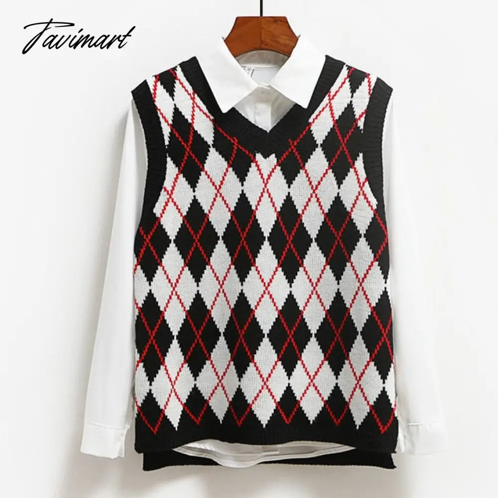 Knitted Vest Vangull Argyle Fashion Women Casual Korean Pullover Elasticity Sweater Spring Autumn Sleeveless V-Neck Tank Tops