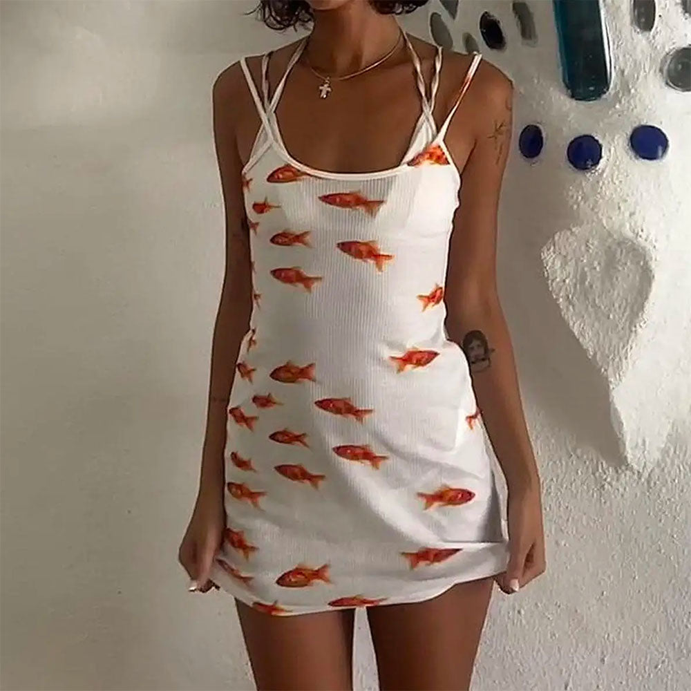 Scoop Neck Spaghetti Strap Goldfish Print Mesh Slip Mini Dress