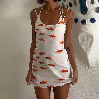 Scoop Neck Spaghetti Strap Goldfish Print Mesh Slip Mini Dress