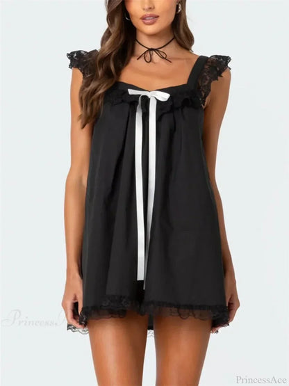 Lace Trim Ribbon Bow Ruffle Strap Babydoll Mini Dress