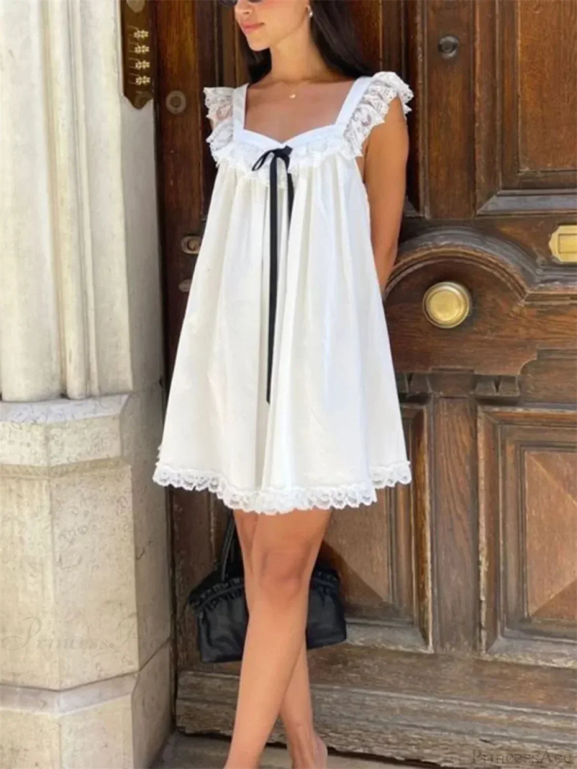 Lace Trim Ribbon Bow Ruffle Strap Babydoll Mini Dress