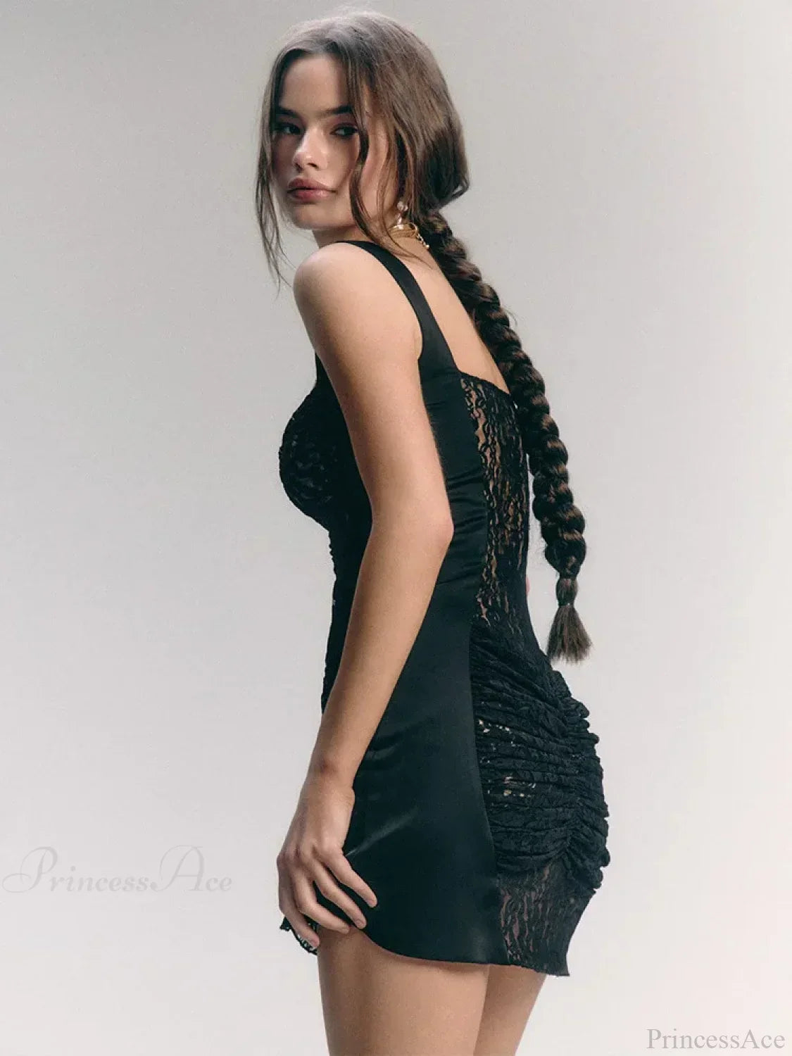 Lace Camisole Double Layer Ruched Front Square Neck Bodycon Mini Dress