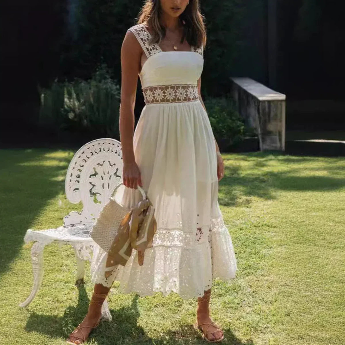 Lace Cotton Sleeveless White Hollow Out Maxi Boho Sundress