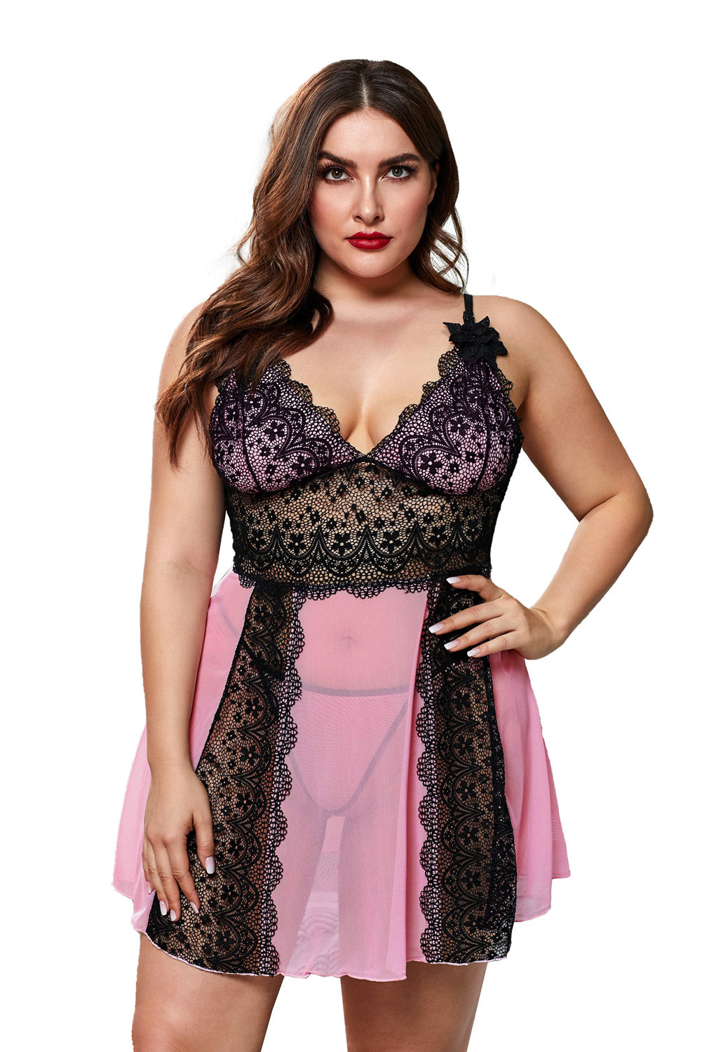 Floral Lace Panel V Neck Spaghetti Strap Chemise Babydoll Dress