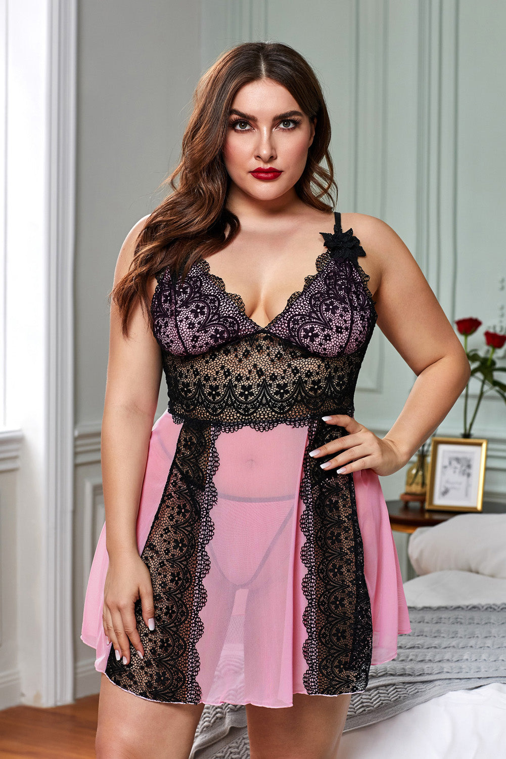 Floral Lace Panel V Neck Spaghetti Strap Chemise Babydoll Dress