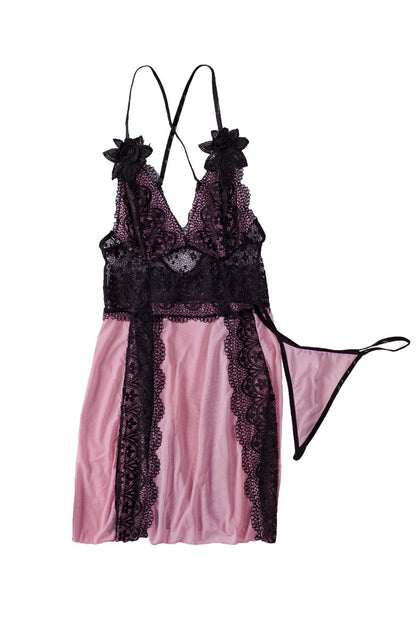 Floral Lace Panel V Neck Spaghetti Strap Chemise Babydoll Dress