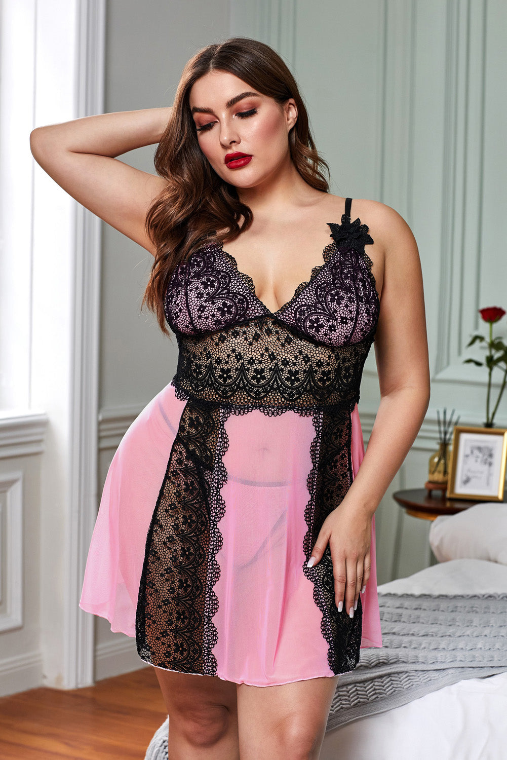 Floral Lace Panel V Neck Spaghetti Strap Chemise Babydoll Dress