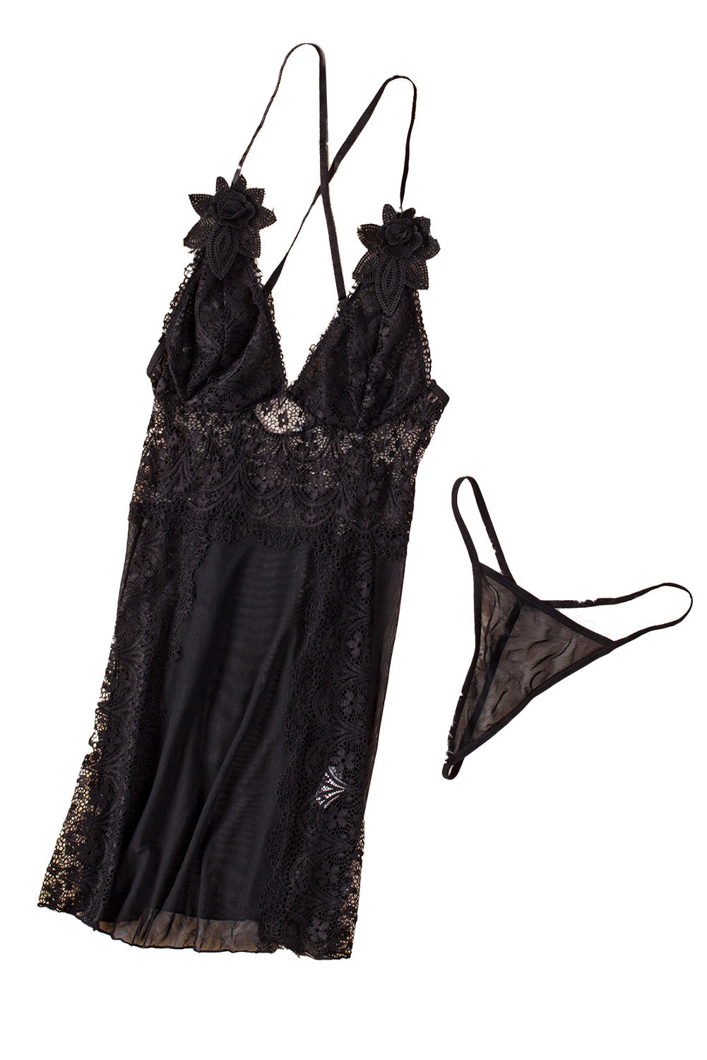 Floral Lace Panel V Neck Spaghetti Strap Chemise Babydoll Dress