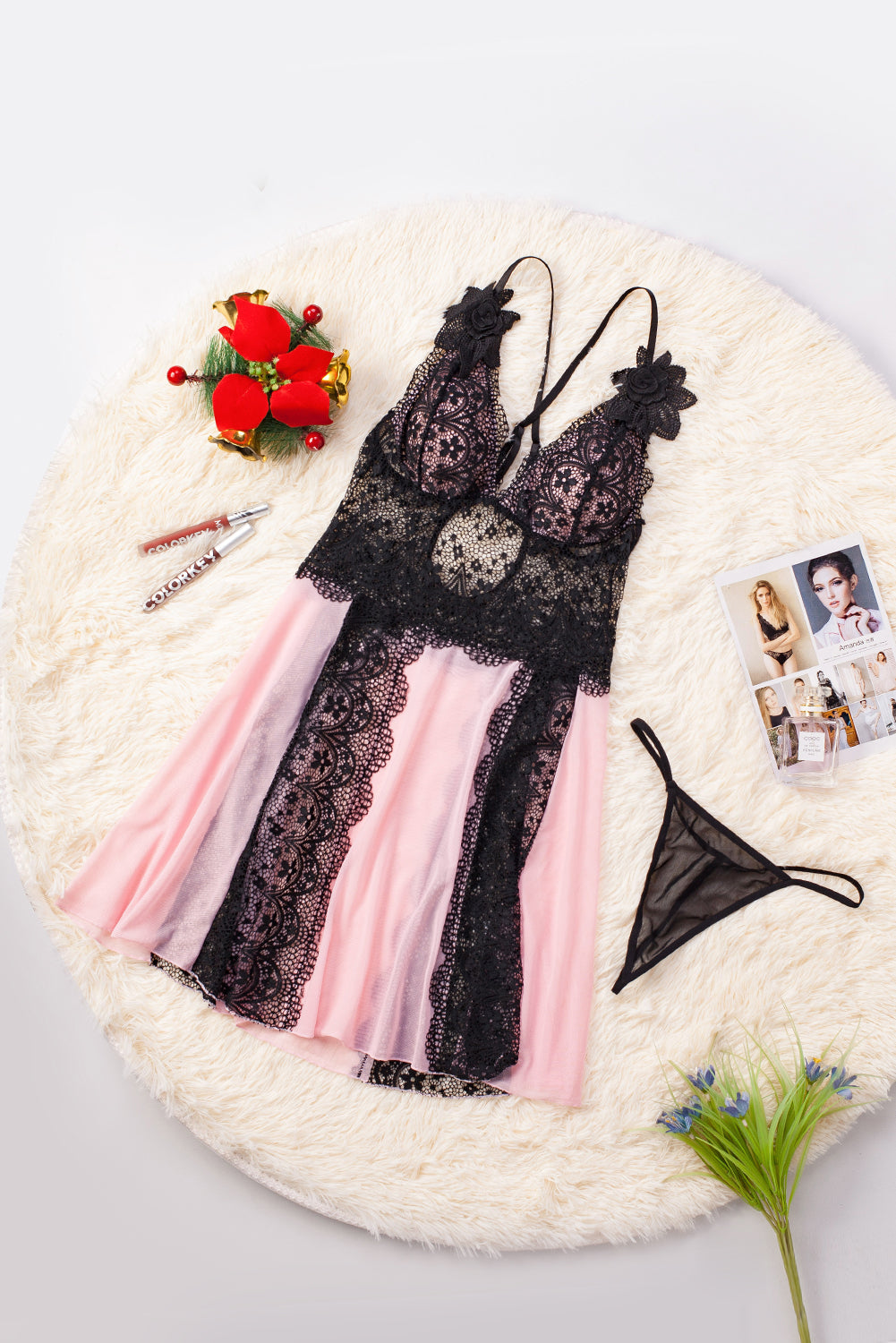 Floral Lace Panel V Neck Spaghetti Strap Chemise Babydoll Dress