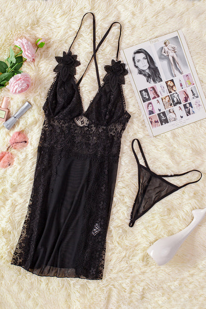 Floral Lace Panel V Neck Spaghetti Strap Chemise Babydoll Dress