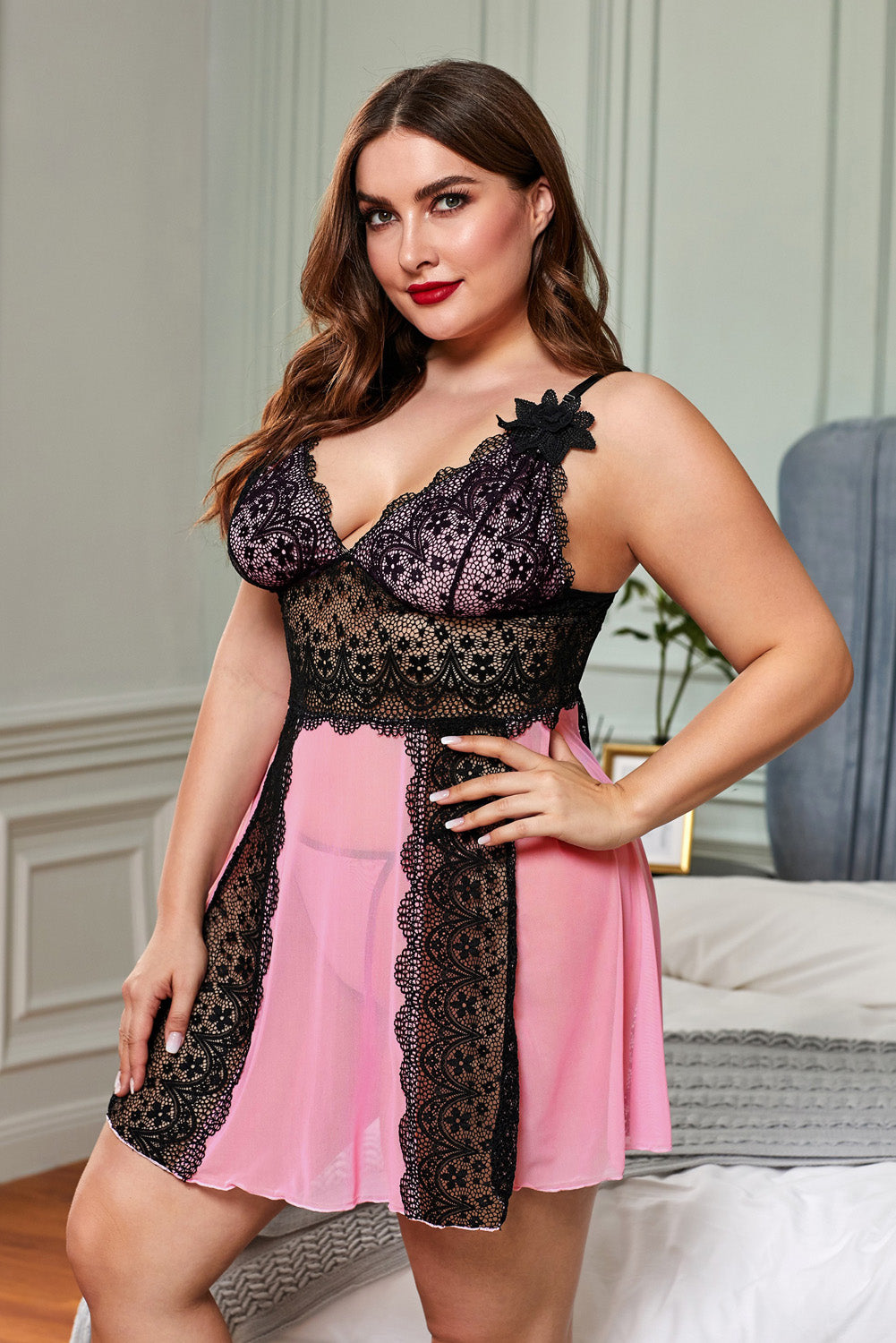 Floral Lace Panel V Neck Spaghetti Strap Chemise Babydoll Dress