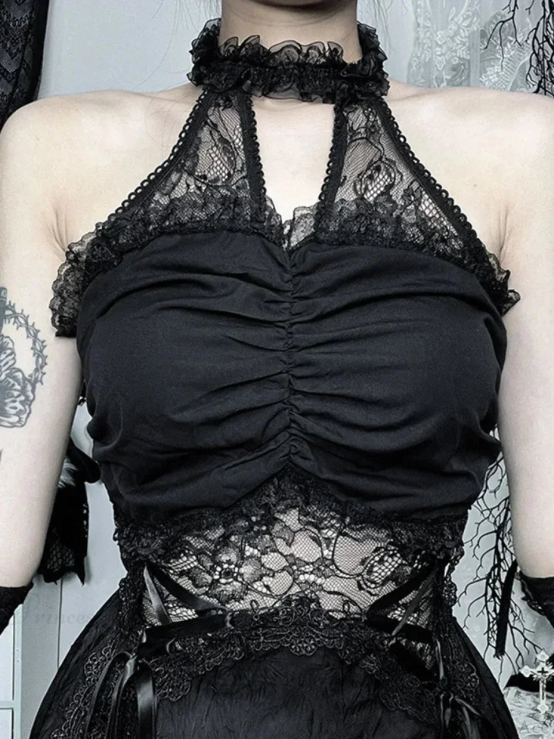 Lace Halter Criss Cross Ribbon Trim Flared Gothic Mini Dress