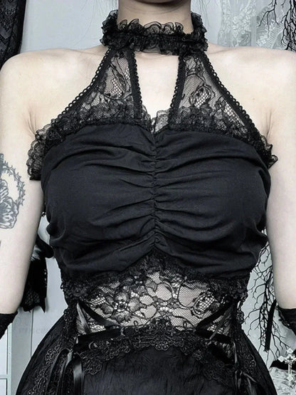 Lace Halter Criss Cross Ribbon Trim Flared Gothic Mini Dress
