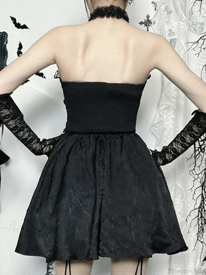 Lace Halter Criss Cross Ribbon Trim Flared Gothic Mini Dress