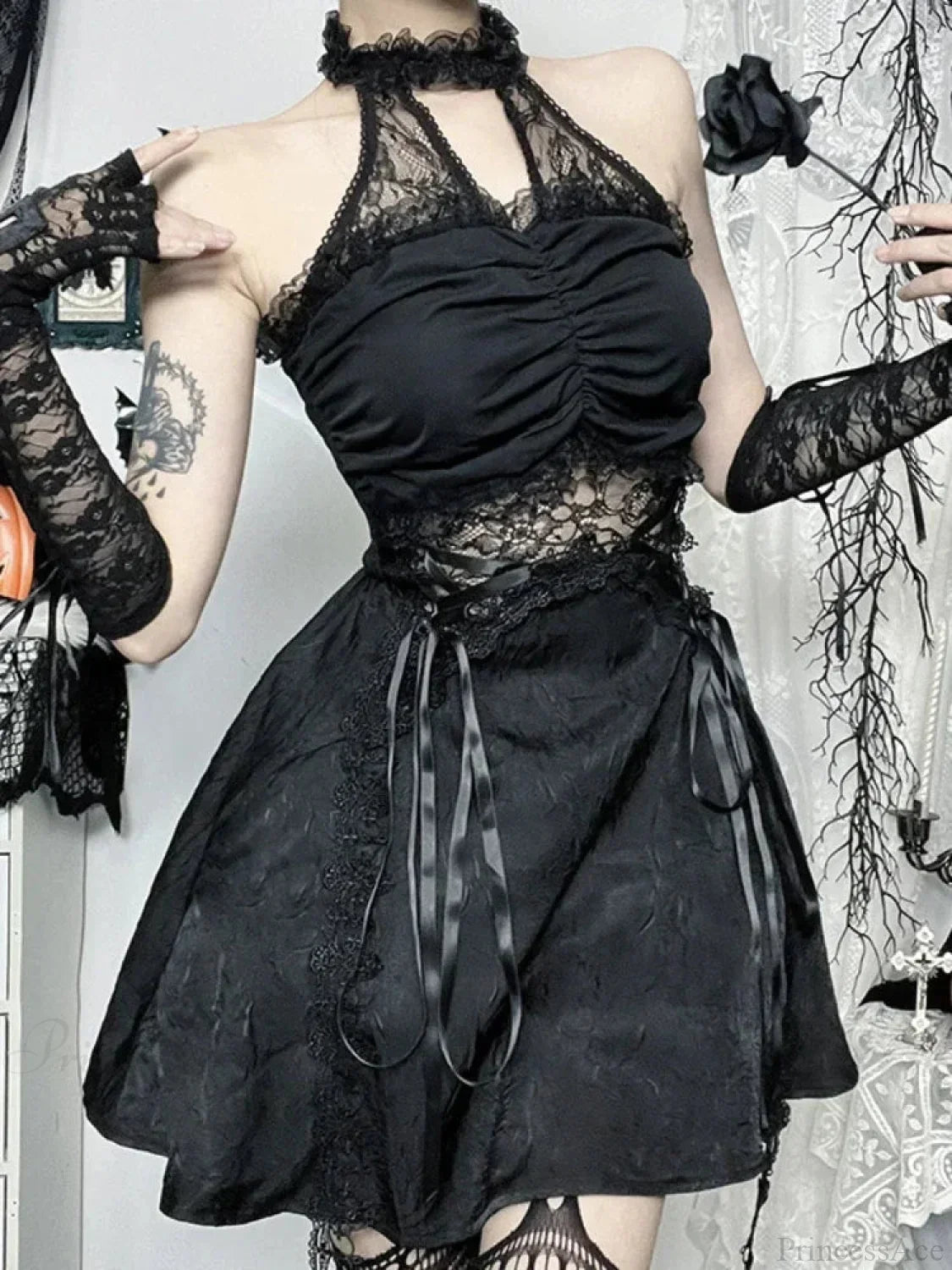 Lace Halter Criss Cross Ribbon Trim Flared Gothic Mini Dress