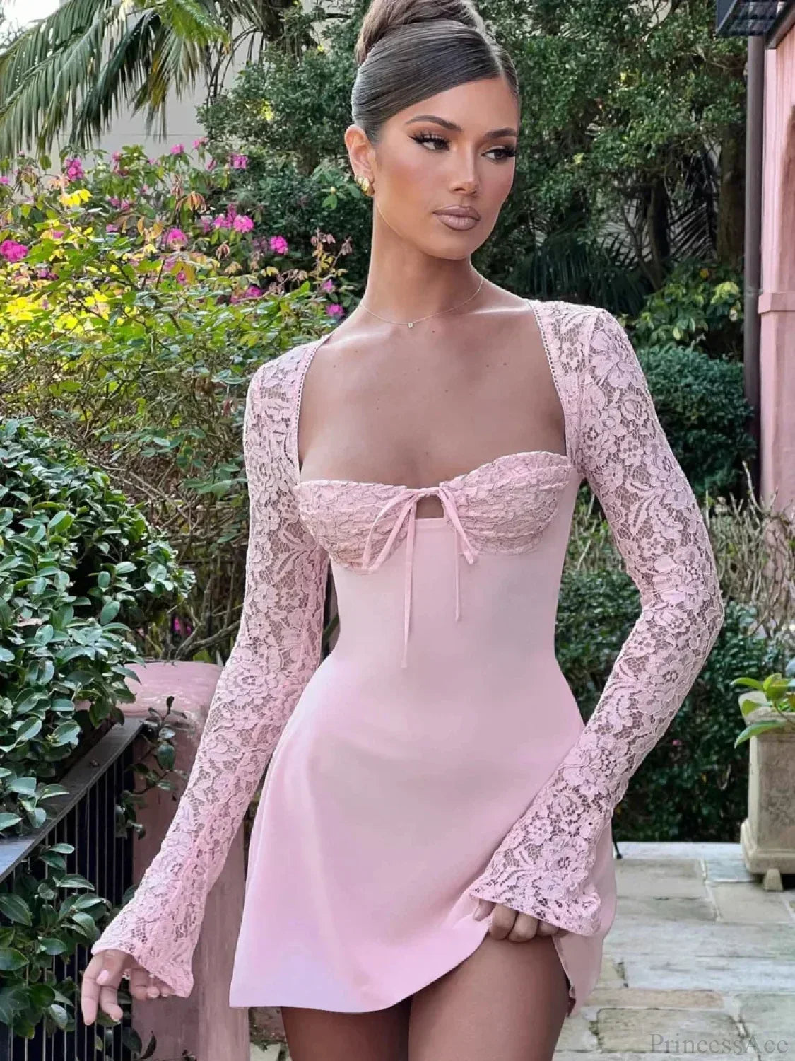 Floral Lace Bow Tie Square Neck Long Bell Sleeve Contrast Waist Mini Dress