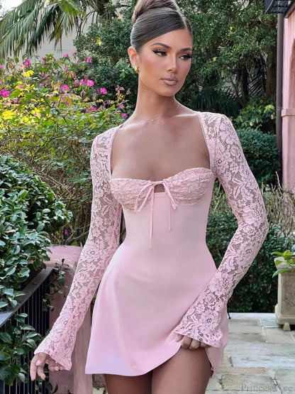 Floral Lace Bow Tie Square Neck Long Bell Sleeve Contrast Waist Mini Dress