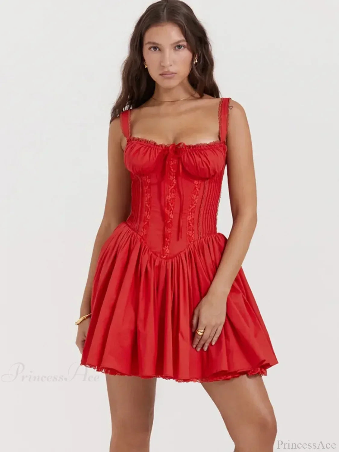 Lace Trim Corset Bow Front Milkmaid A-Line Strap Mini Dress