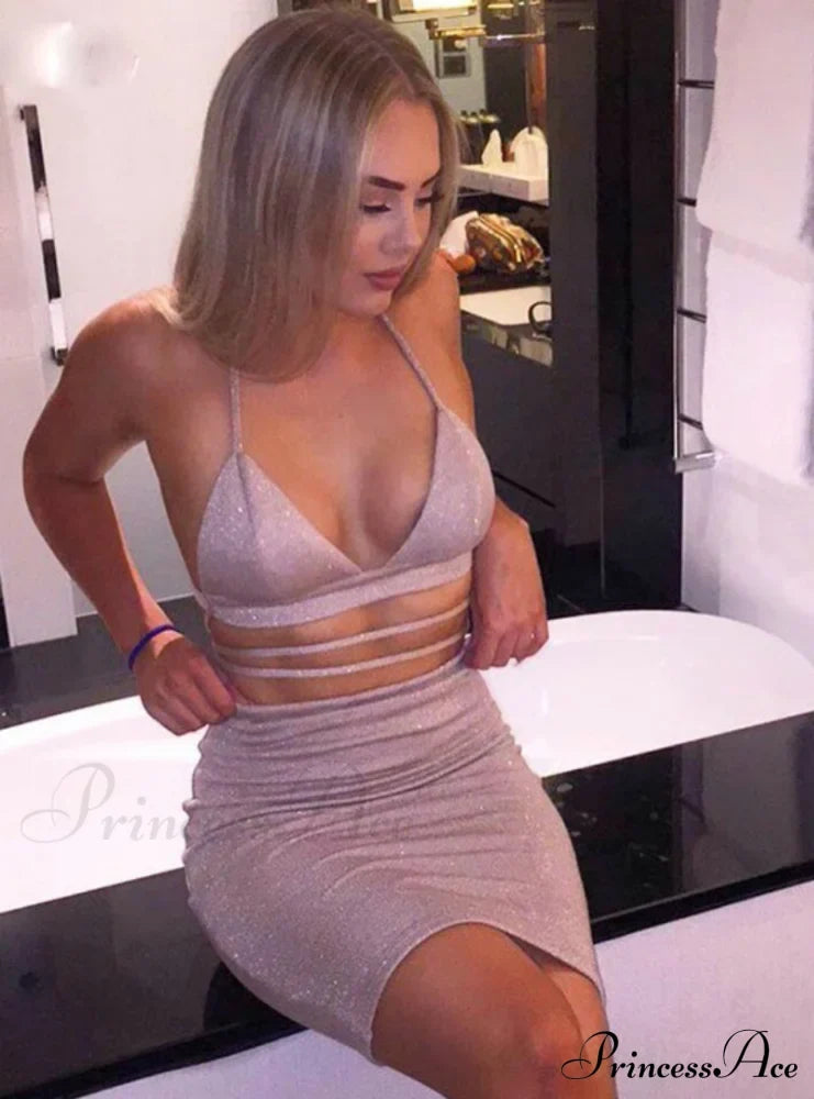 Lace Up Crop Top Two Piece Set with Deep V Neck