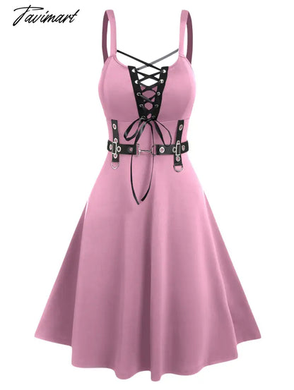 Lace Up Ruffle Straps Dress Sleeveless A Line Punk Style Knee Length Solid Black Dresses