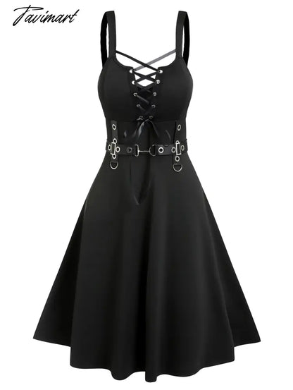 Lace Up Ruffle Straps Dress Sleeveless A Line Punk Style Knee Length Solid Black Dresses