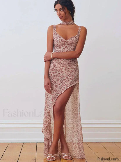 Rose Red Lace-up Side Slit Floral Dress