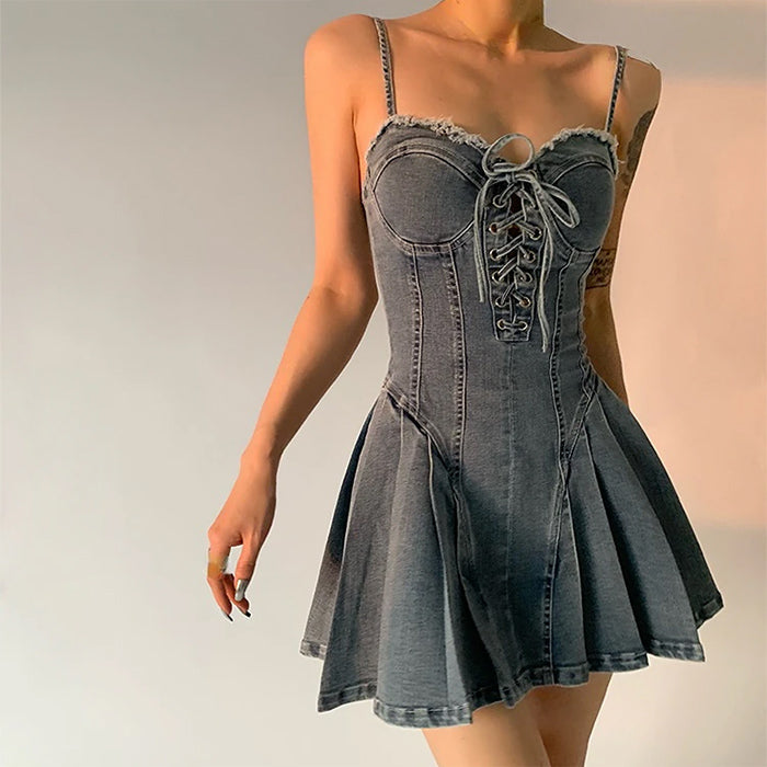Sweetheart Neck Lace-Up Front Denim Corset Skater Mini Dress