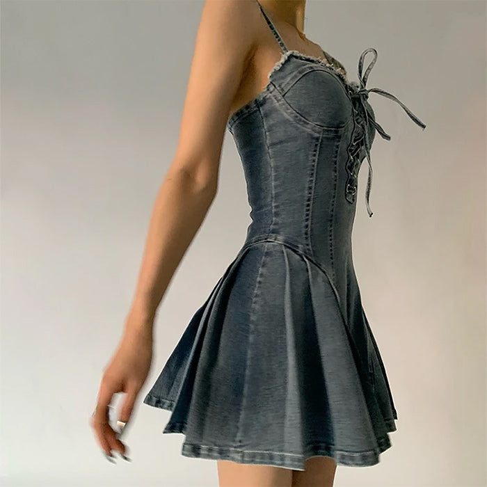 Sweetheart Neck Lace-Up Front Denim Corset Skater Mini Dress