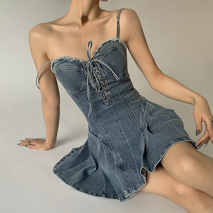 Sweetheart Neck Lace-Up Front Denim Corset Skater Mini Dress