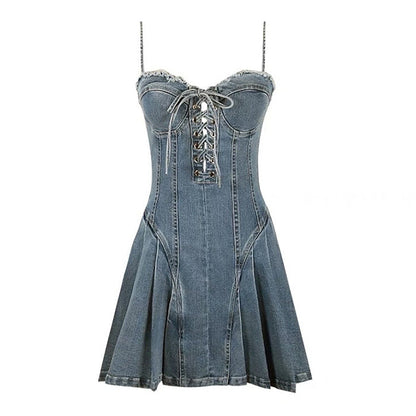 Sweetheart Neck Lace-Up Front Denim Corset Skater Mini Dress