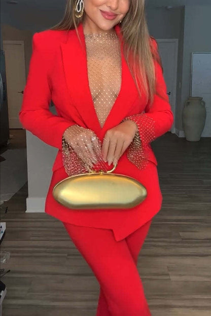 Luxe Lifestyle Single Button Lapel Blazer and Elastic Waist Pocketed Straight Suit Pants Set