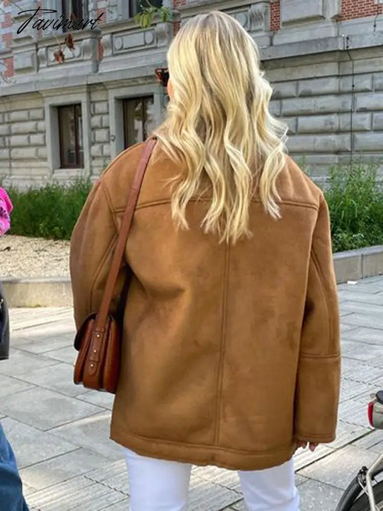 Lapel Wool Lamb Jacket For Women Loose Single Breasted Long Sleeve Pocket Thick Coat Chic Autumn Winter Female Streetwear