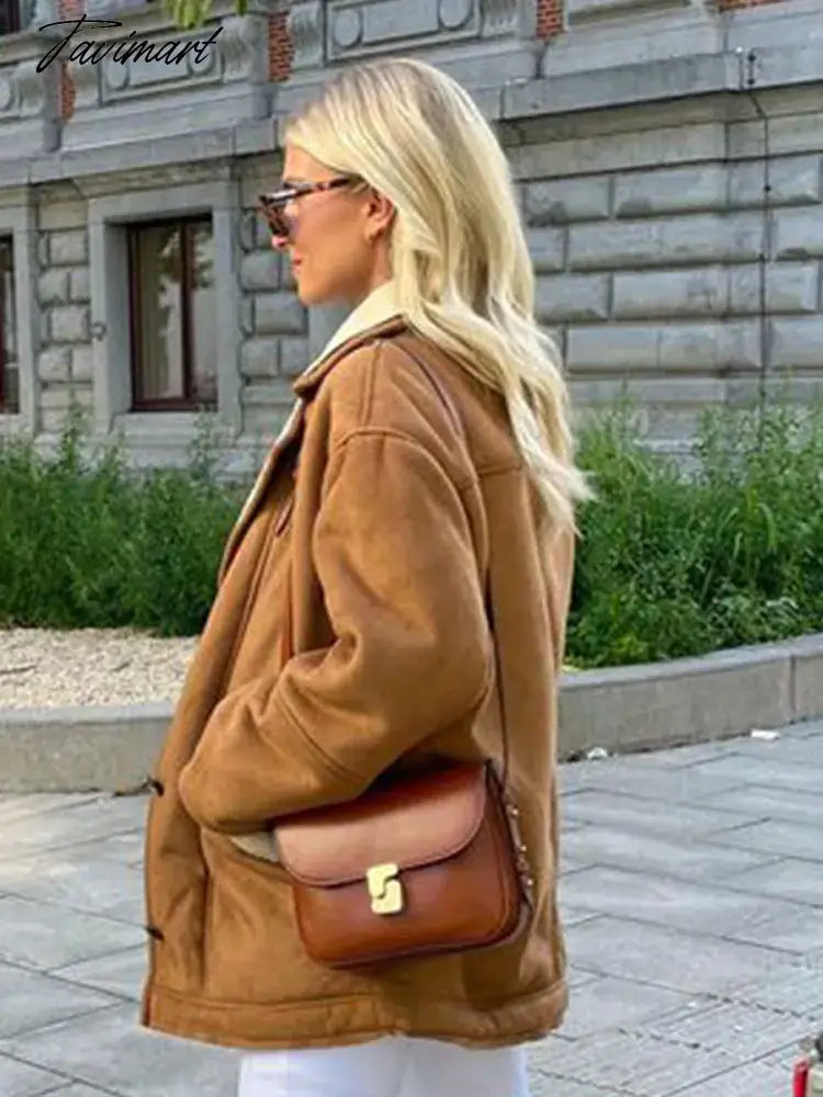 Lapel Wool Lamb Jacket For Women Loose Single Breasted Long Sleeve Pocket Thick Coat Chic Autumn Winter Female Streetwear