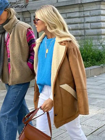 Lapel Wool Lamb Jacket For Women Loose Single Breasted Long Sleeve Pocket Thick Coat Chic Autumn Winter Female Streetwear