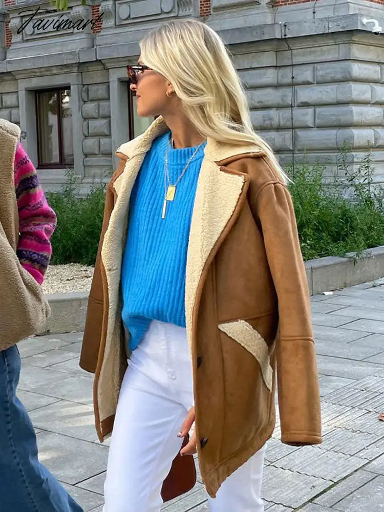 Lapel Wool Lamb Jacket For Women Loose Single Breasted Long Sleeve Pocket Thick Coat Chic Autumn Winter Female Streetwear