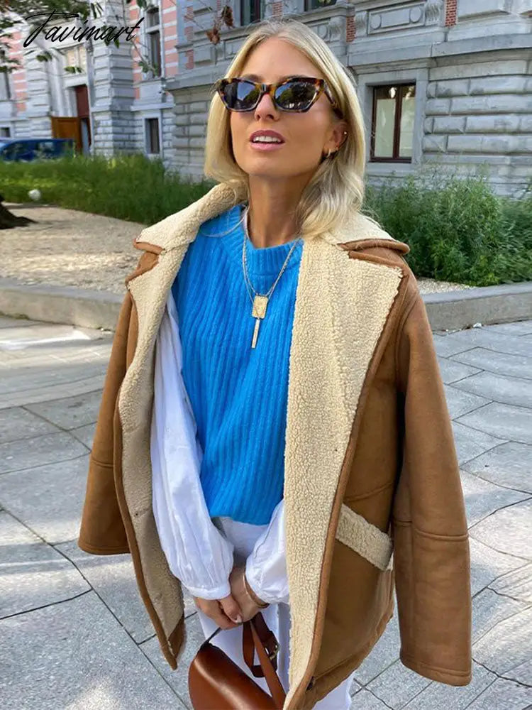 Lapel Wool Lamb Jacket For Women Loose Single Breasted Long Sleeve Pocket Thick Coat Chic Autumn Winter Female Streetwear
