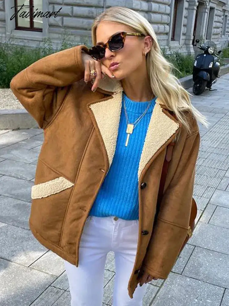 Lapel Wool Lamb Jacket For Women Loose Single Breasted Long Sleeve Pocket Thick Coat Chic Autumn Winter Female Streetwear