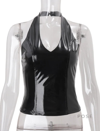 Aahana Faux Leather Halter Crop Top