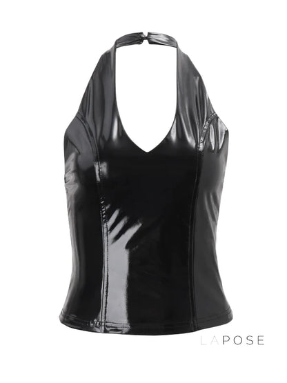 Aahana Faux Leather Halter Crop Top
