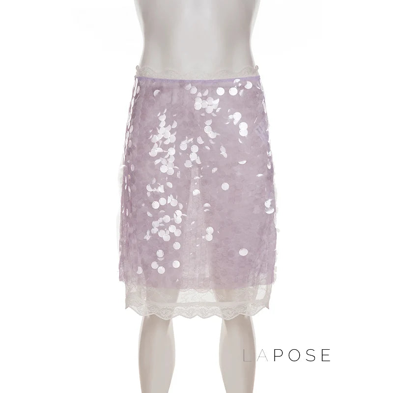 Aarna Sequin Lace Detail Midi Skirt
