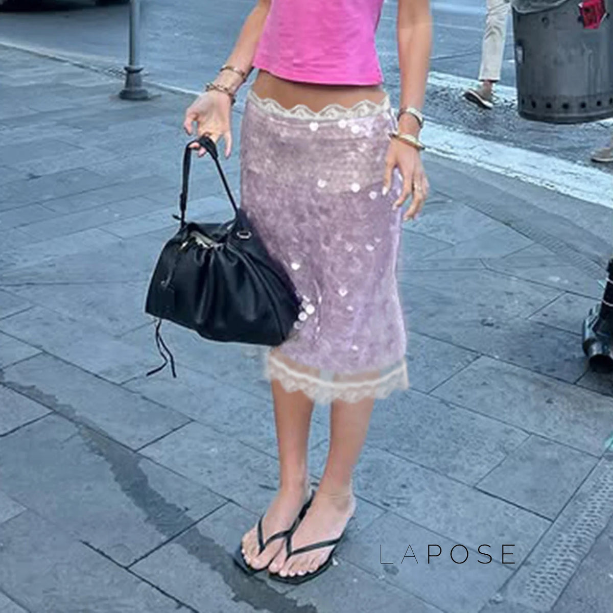Aarna Sequin Lace Detail Midi Skirt