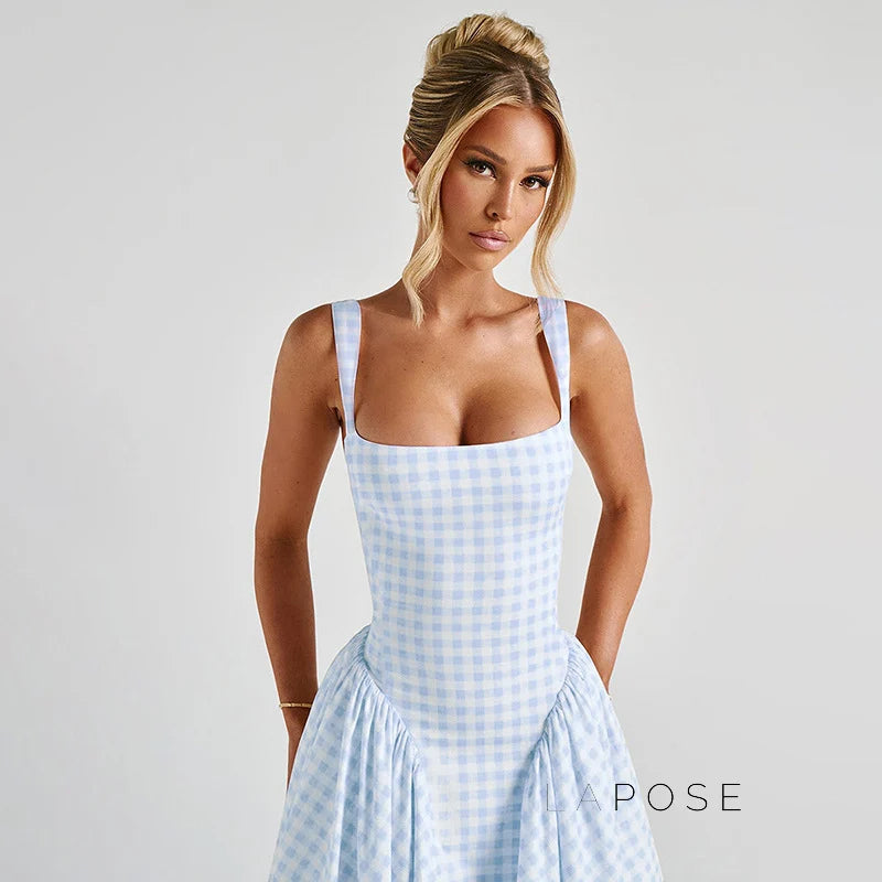 Adalae Plaid Backless Midi Dress