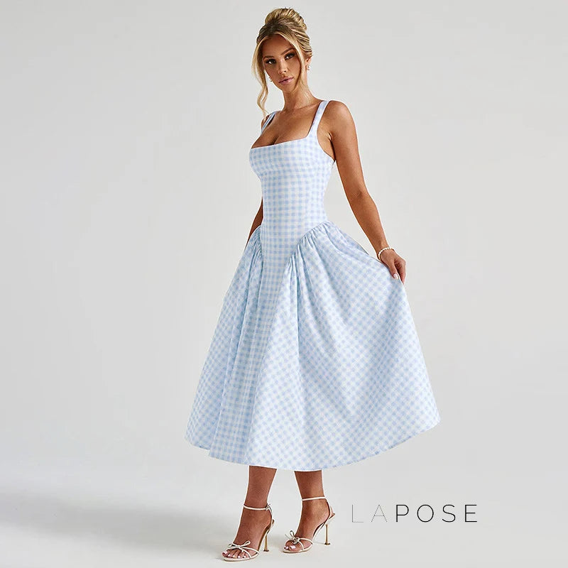 Adalae Plaid Backless Midi Dress