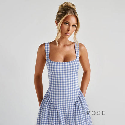Adalae Plaid Backless Midi Dress